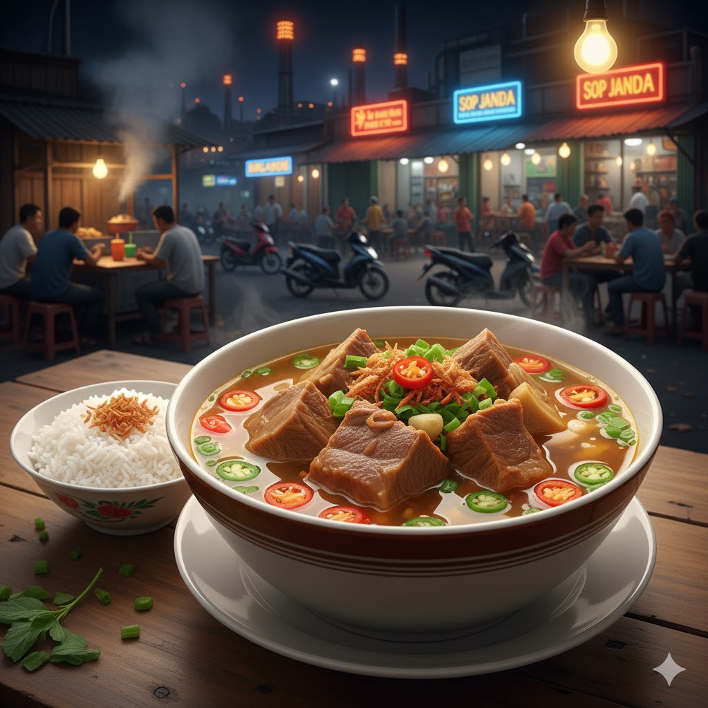 Panduan lengkap cari sop janda terdekat di Kalimalang, Cikarang, Cibitung termasuk Sop Janda Bu Darmi asli. Tips Google Maps, review rasa empuk pedas, alamat, dan jam buka untuk nikmati kuliner legendaris Bekasi.