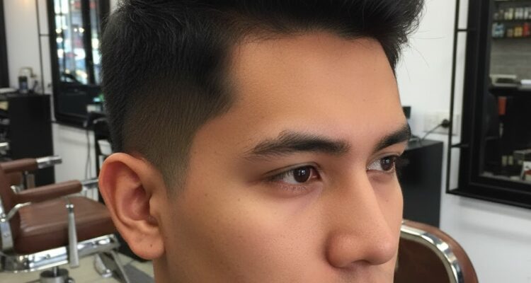 Deskripsi gambar: Potongan rambut pria low fade 2 jari dengan gradasi halus mulai dua jari di atas telinga, samping dan belakang memudar ke kulit, bagian atas textured pendek sekitar 4-5 cm, ditata messy natural. Tampak samping dan depan, pria berwajah tegas dengan kulit sawo matang, latar belakang barbershop modern.