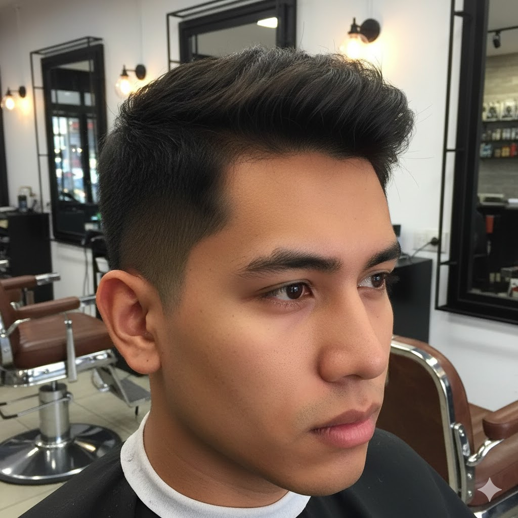 Deskripsi gambar: Potongan rambut pria low fade 2 jari dengan gradasi halus mulai dua jari di atas telinga, samping dan belakang memudar ke kulit, bagian atas textured pendek sekitar 4-5 cm, ditata messy natural. Tampak samping dan depan, pria berwajah tegas dengan kulit sawo matang, latar belakang barbershop modern.