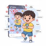Deskripsi gambar: Ilustrasi anak kecil lucu sedang menari atau main game di ponsel, dengan latar belakang layar TikTok penuh like dan komentar viral. Tampilan kartun ceria, warna cerah, menekankan konten positif dan aman untuk anak, tanpa elemen sensasional.