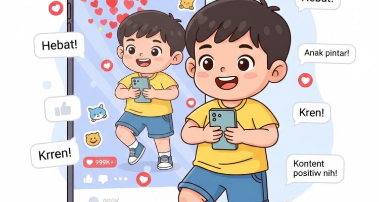 Deskripsi gambar: Ilustrasi anak kecil lucu sedang menari atau main game di ponsel, dengan latar belakang layar TikTok penuh like dan komentar viral. Tampilan kartun ceria, warna cerah, menekankan konten positif dan aman untuk anak, tanpa elemen sensasional.