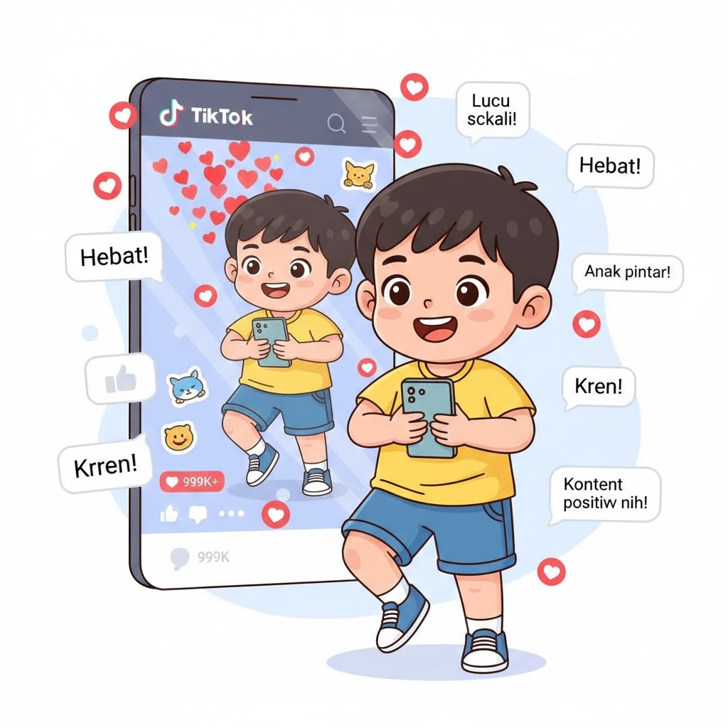 Deskripsi gambar: Ilustrasi anak kecil lucu sedang menari atau main game di ponsel, dengan latar belakang layar TikTok penuh like dan komentar viral. Tampilan kartun ceria, warna cerah, menekankan konten positif dan aman untuk anak, tanpa elemen sensasional.