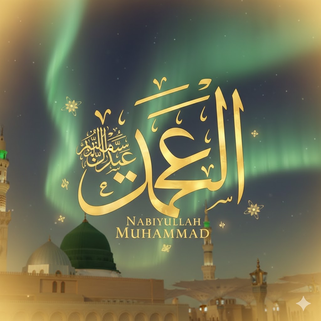 Deskripsi gambar: Ilustrasi seni kaligrafi Arab indah bertuliskan "Nabiyullah Muhammad" dengan latar masjid Nabawi hijau lembut, dikelilingi cahaya aurora emas, simbol sholawat dan cinta kepada Rasulullah SAW. Tampilan damai dan spiritual, cocok untuk latar sholawat.