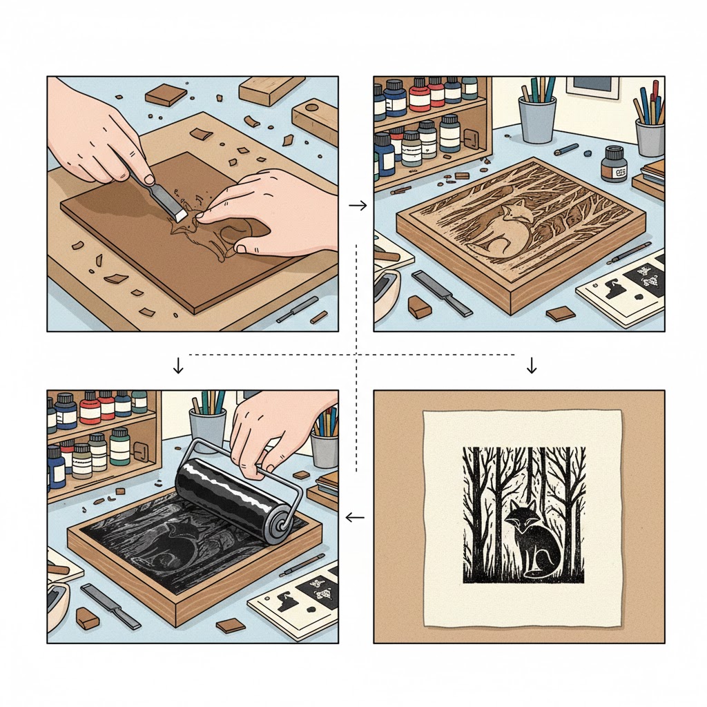 teknik cetak tinggi, seni grafis relief print, cukil kayu woodcut, linocut seni grafis, metode cetak tinggi, xilografi seni rupa, seni cetak manual, tutorial cetak tinggi